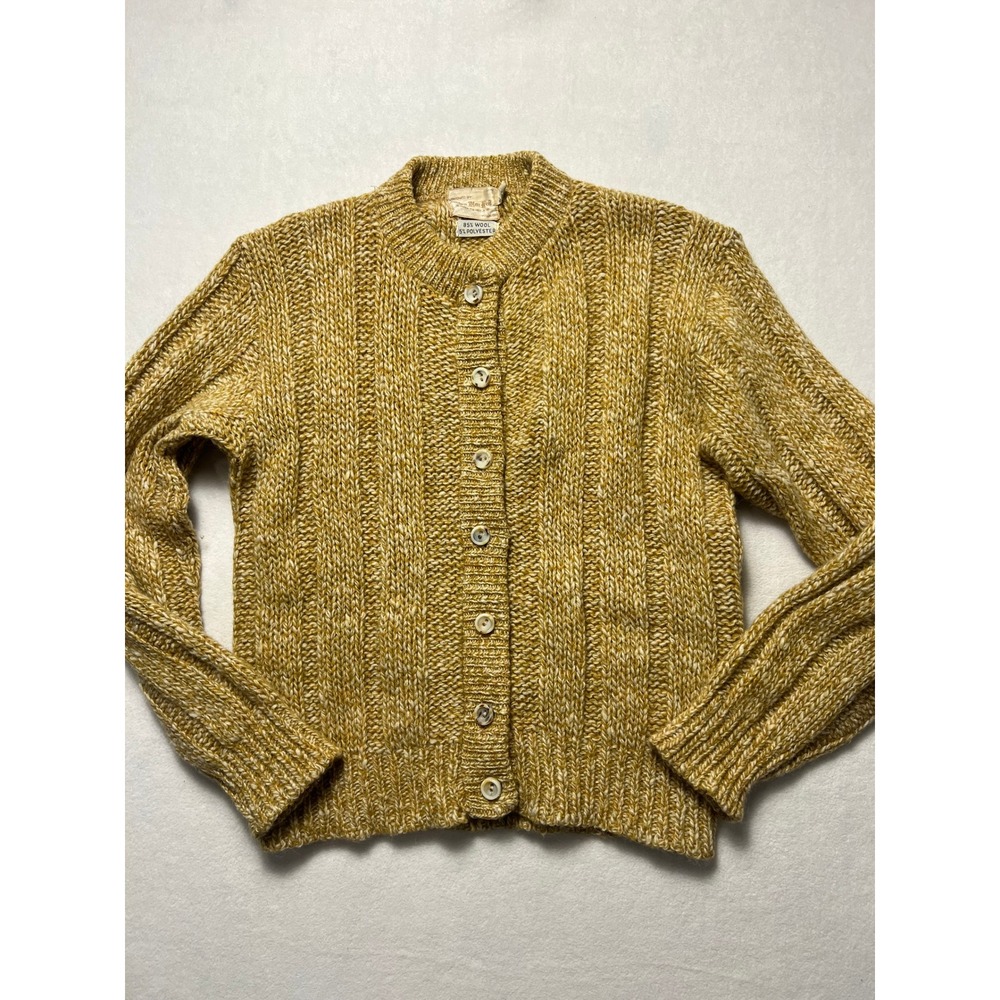 VTG Brian MacNeil M Cardigan Sweater Mustard Yellow Wool Blend Cable Knit Preppy